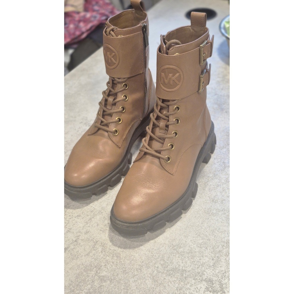 Michael Kors Brown Leather Combat Boots Lug Sole Moto Buckle Side Zip Women 7.5 - Picture 8 of 16